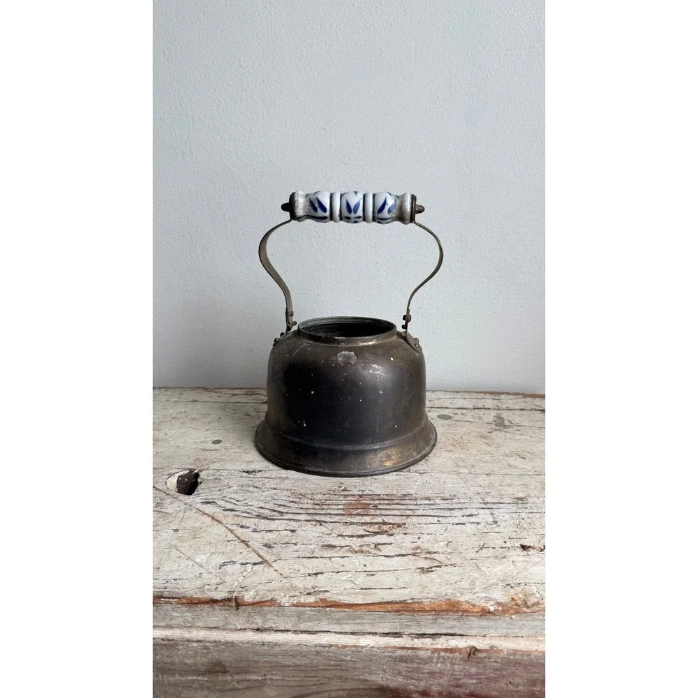 Antique Brass Tea Kettle Blue White Ceramic Handle Primitive Farmhouse